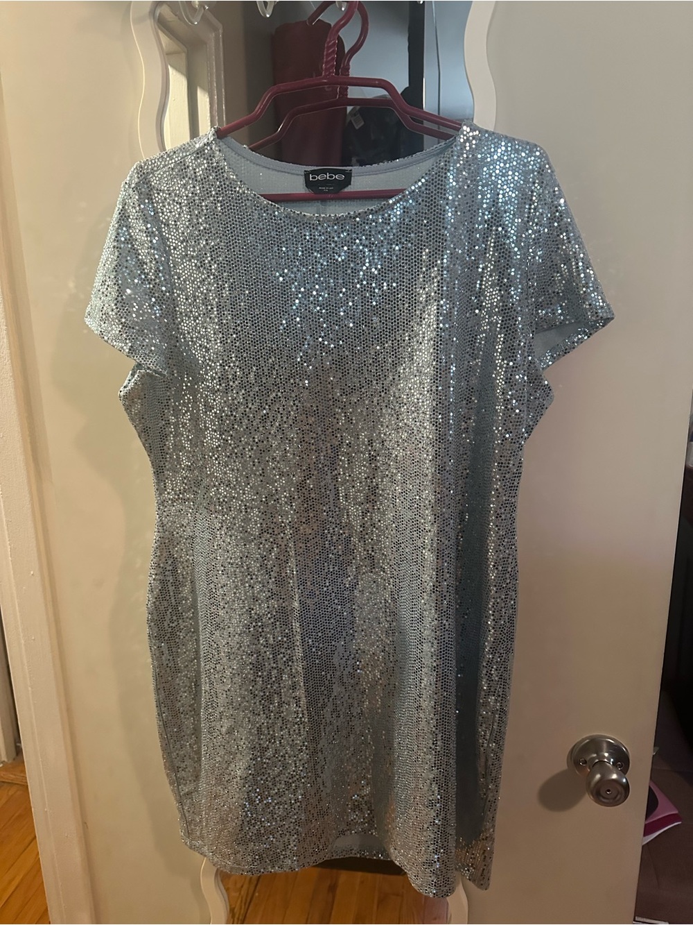 bebe Baby blue Sequin Short Sleeve Mini Dress